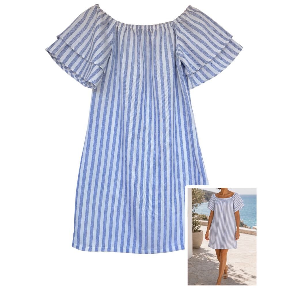 French Curve 100% Linen Ruffle Sleeve Off Shoulder Dress Blue White Stripe Small